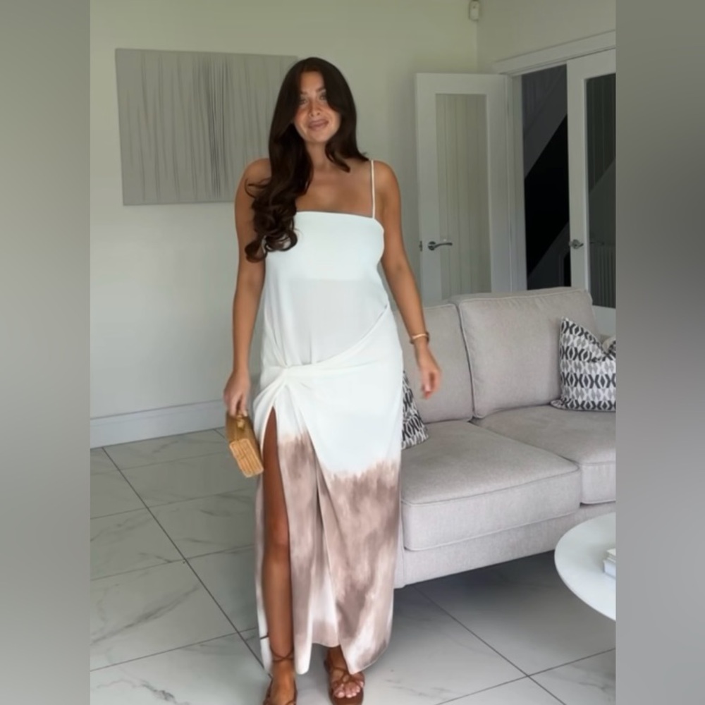 Zara White and Brown Midi Dress